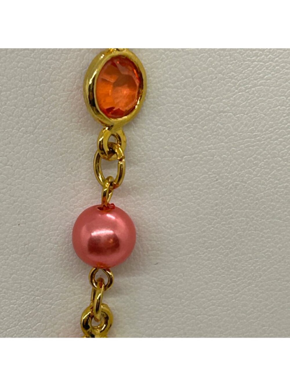 Vintage Two Sisters Signed Pink Faux Pearl Bezel Gold Tone Station Long Necklace - Picture 12 of 12